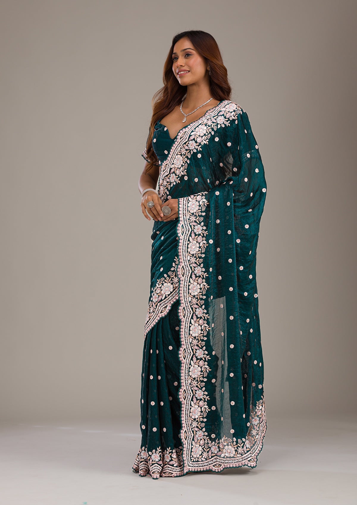 Bottle Green Sequins Semi Crepe Saree-Koskii