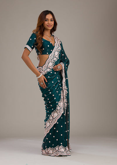 Bottle Green Sequins Semi Crepe Saree-Koskii