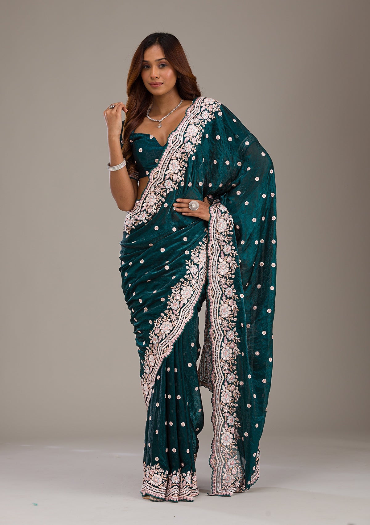 Bottle Green Sequins Semi Crepe Saree-Koskii