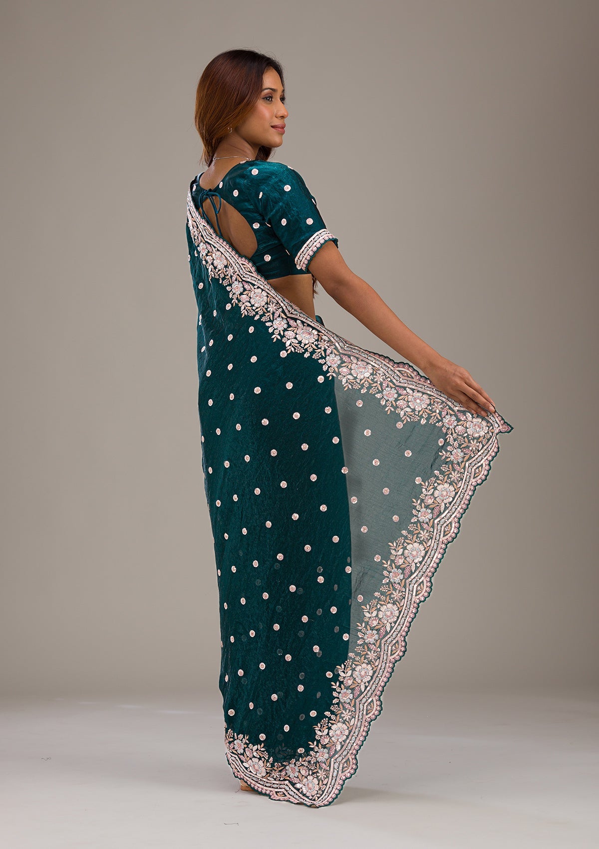 Bottle Green Sequins Semi Crepe Saree-Koskii