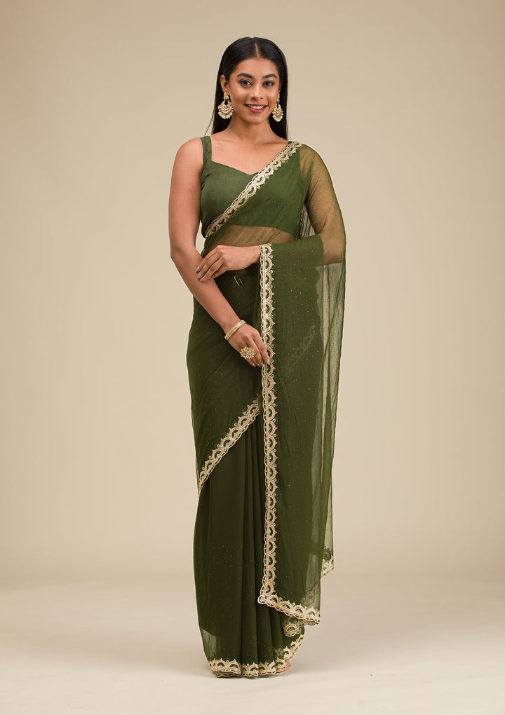 Bottle Green Silver Stonework Chiffon Saree-Koskii