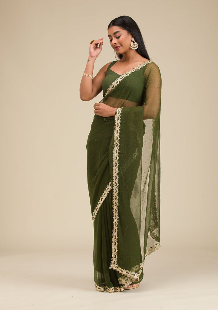 Bottle Green Silver Stonework Chiffon Saree-Koskii