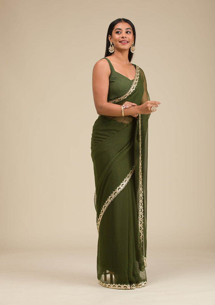 Bottle Green Silver Stonework Chiffon Saree-Koskii