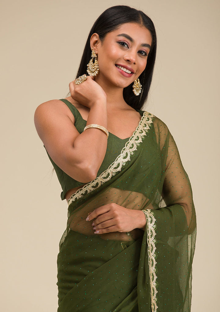 Bottle Green Silver Stonework Chiffon Saree-Koskii