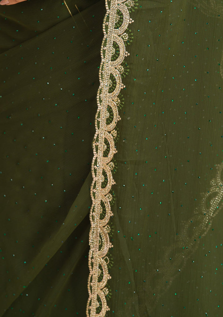 Bottle Green Silver Stonework Chiffon Saree-Koskii