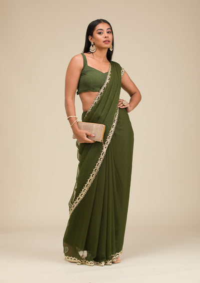 Bottle Green Silver Stonework Chiffon Saree-Koskii