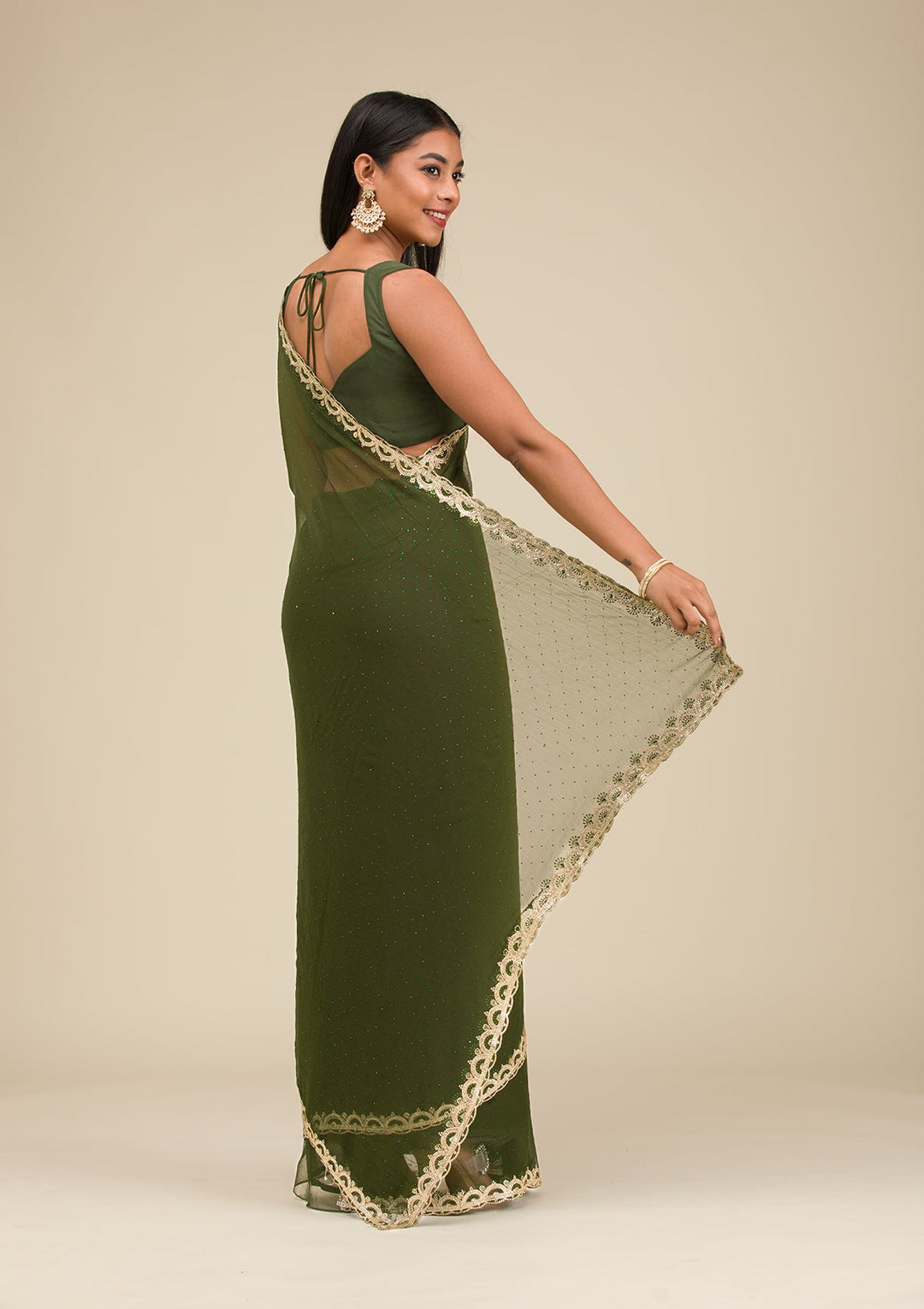 Bottle Green Silver Stonework Chiffon Saree-Koskii