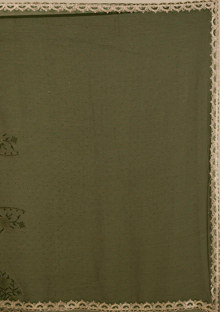 Bottle Green Silver Stonework Chiffon Saree-Koskii