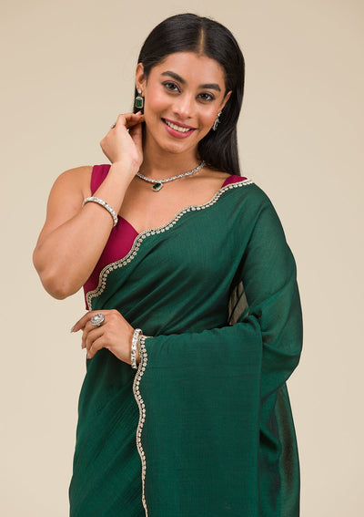 Bottle Green Stonework Art Silk Saree-Koskii