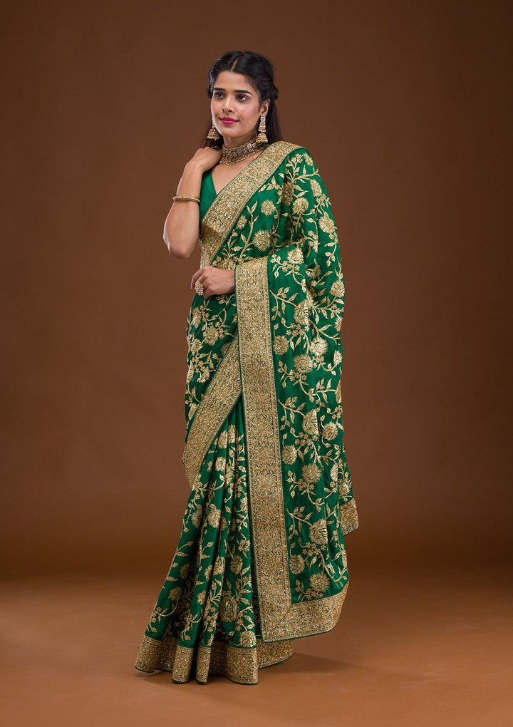 Bottle Green Stonework Crepe Saree-Koskii