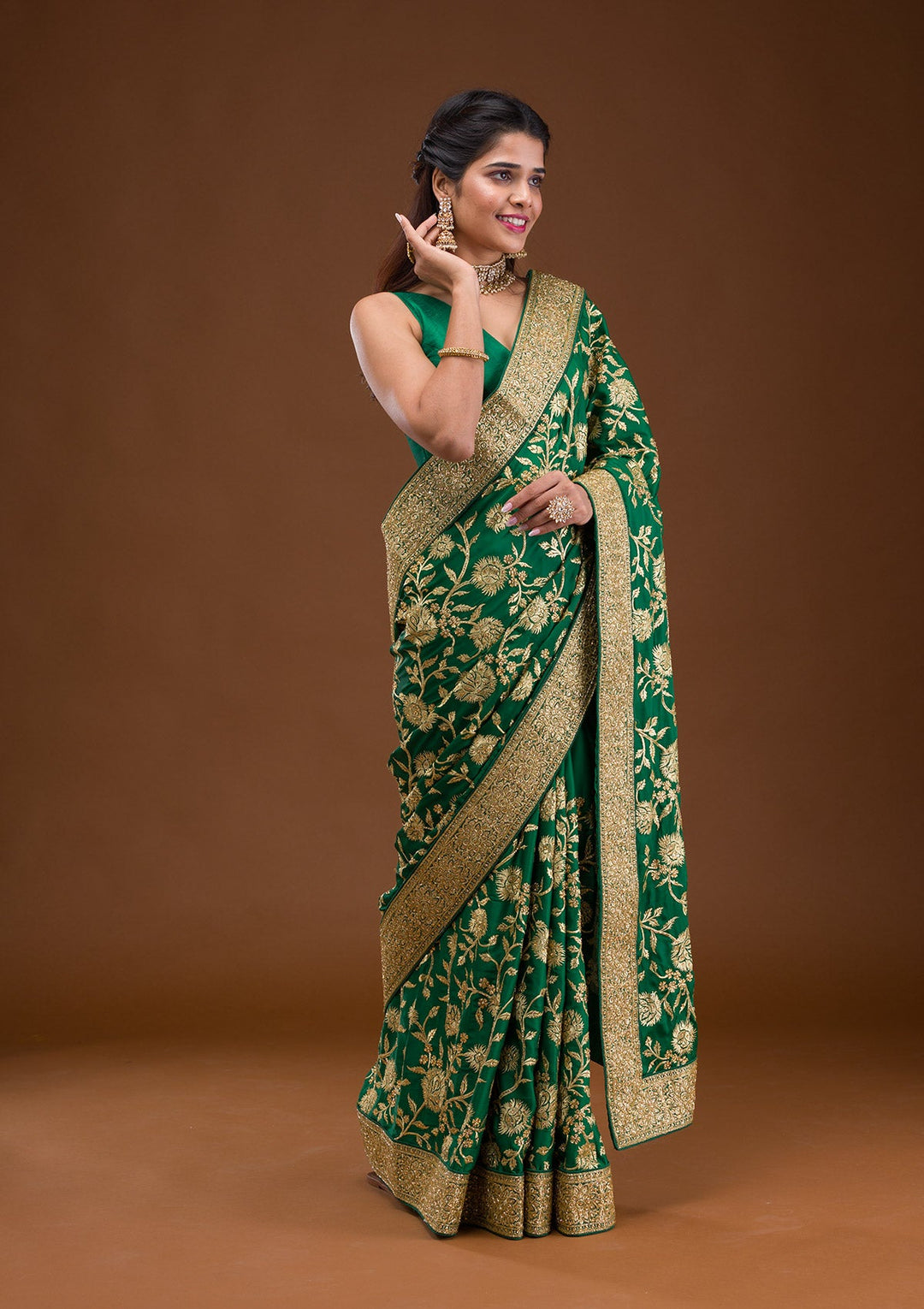 Bottle Green Stonework Crepe Saree-Koskii