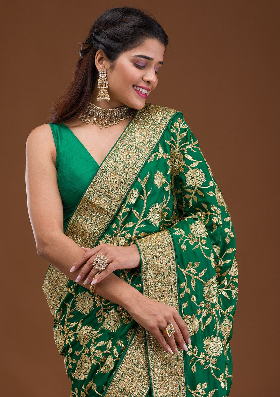 Bottle Green Stonework Crepe Saree-Koskii
