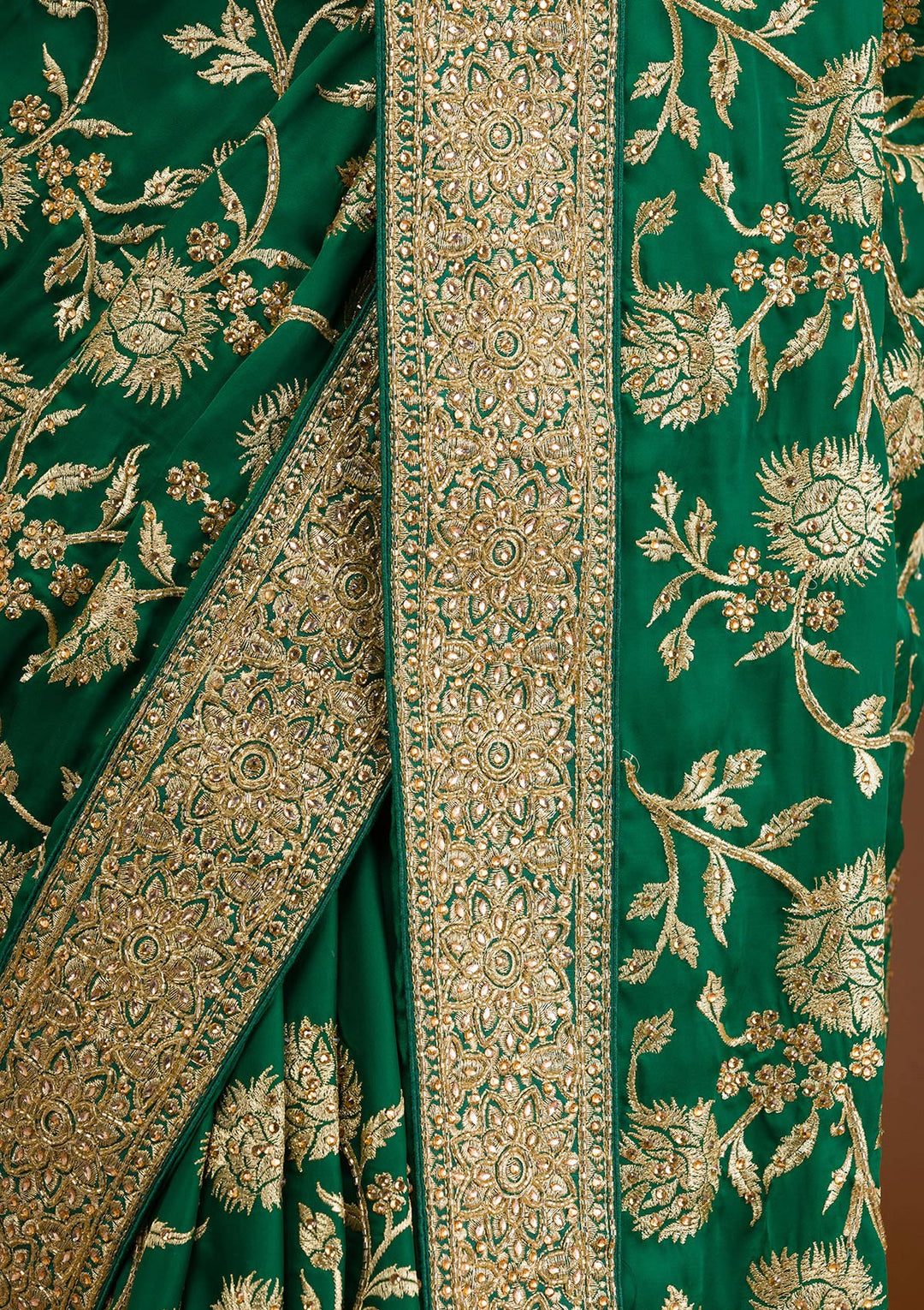 Bottle Green Stonework Crepe Saree-Koskii