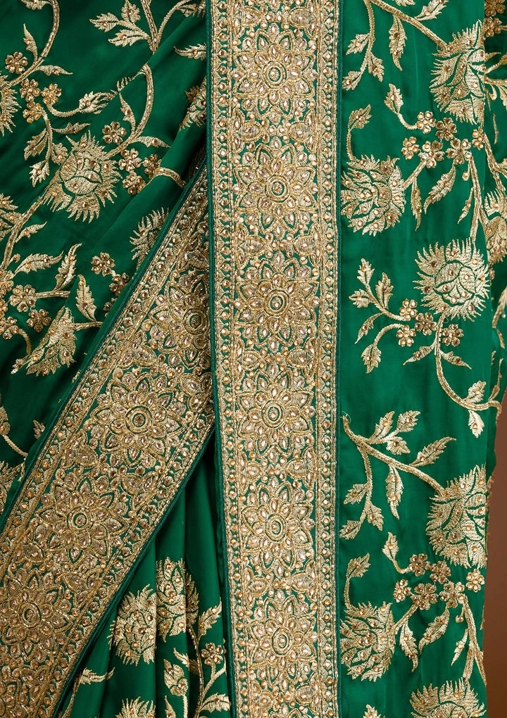 Bottle Green Stonework Crepe Saree-Koskii