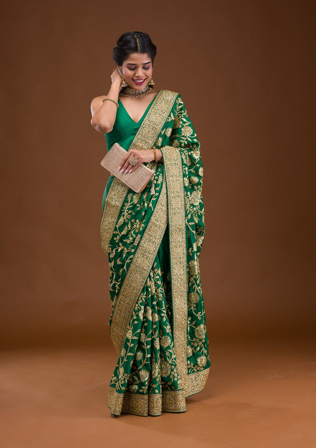 Bottle Green Stonework Crepe Saree-Koskii