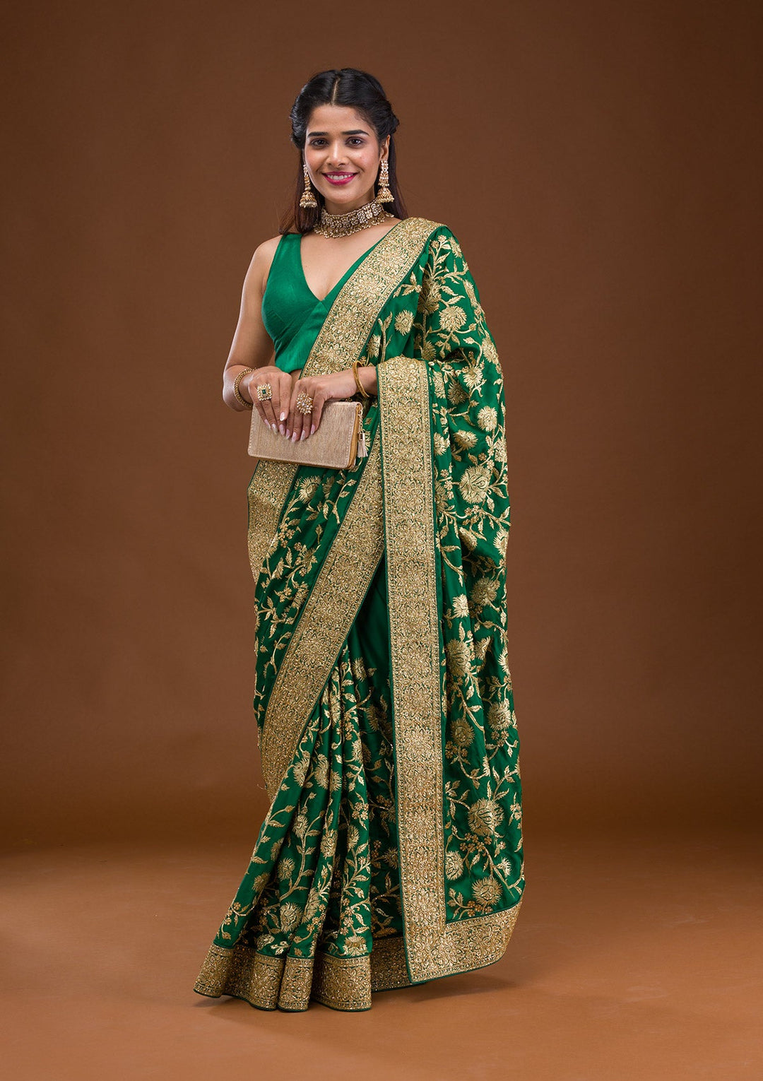 Bottle Green Stonework Crepe Saree-Koskii