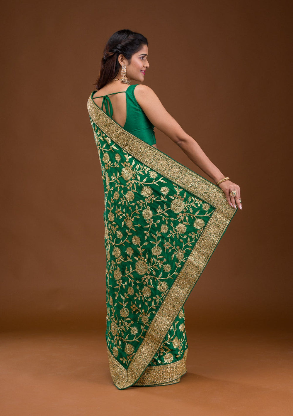 Bottle Green Stonework Crepe Saree-Koskii