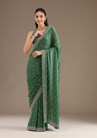 Bottle Green Stonework Satin Saree-Koskii