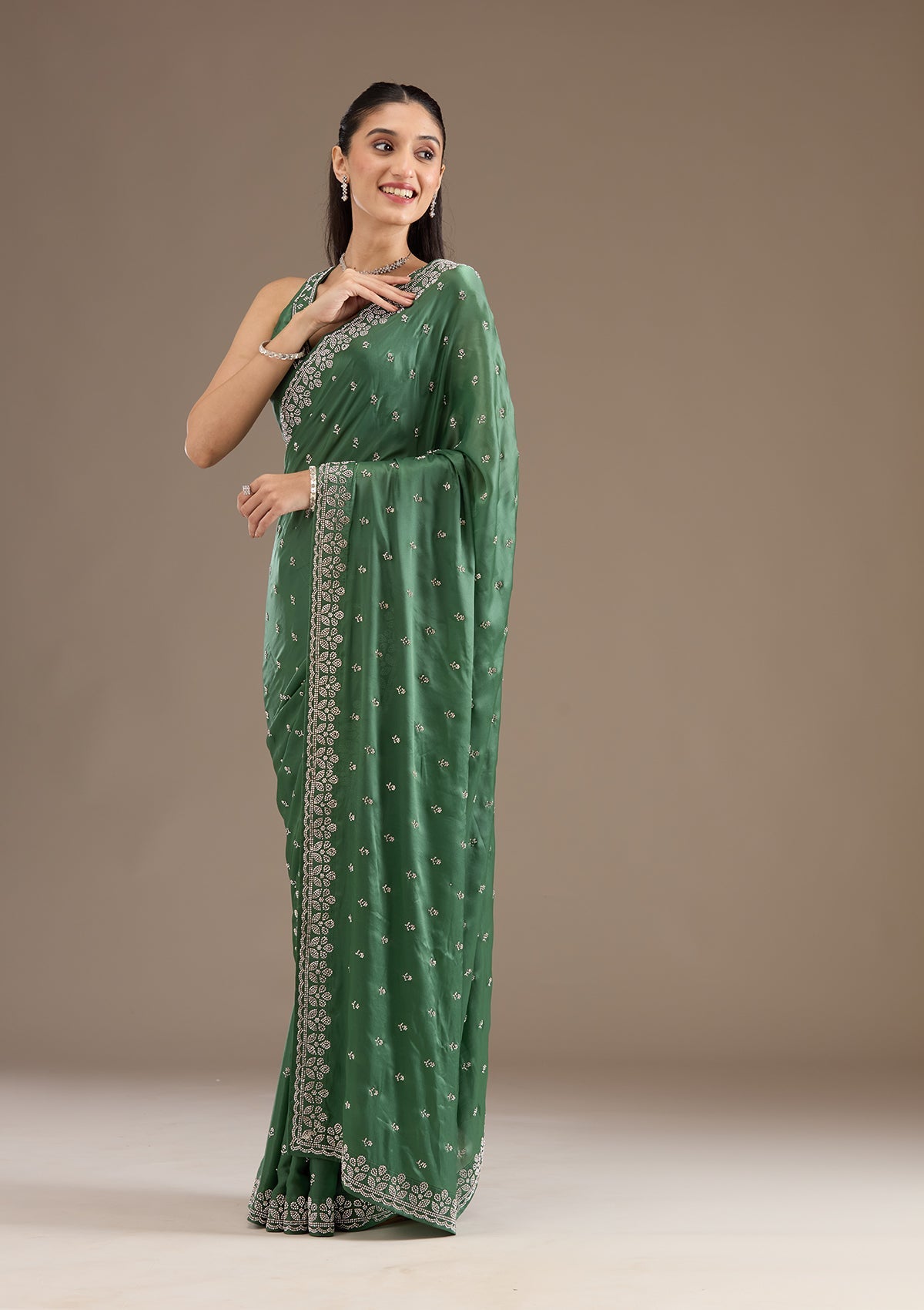 Bottle Green Stonework Satin Saree-Koskii