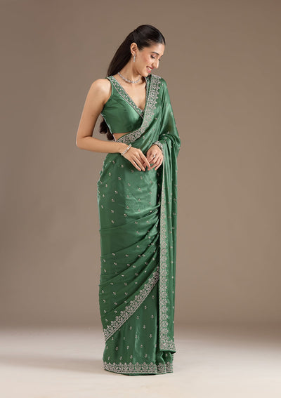 Bottle Green Stonework Satin Saree-Koskii