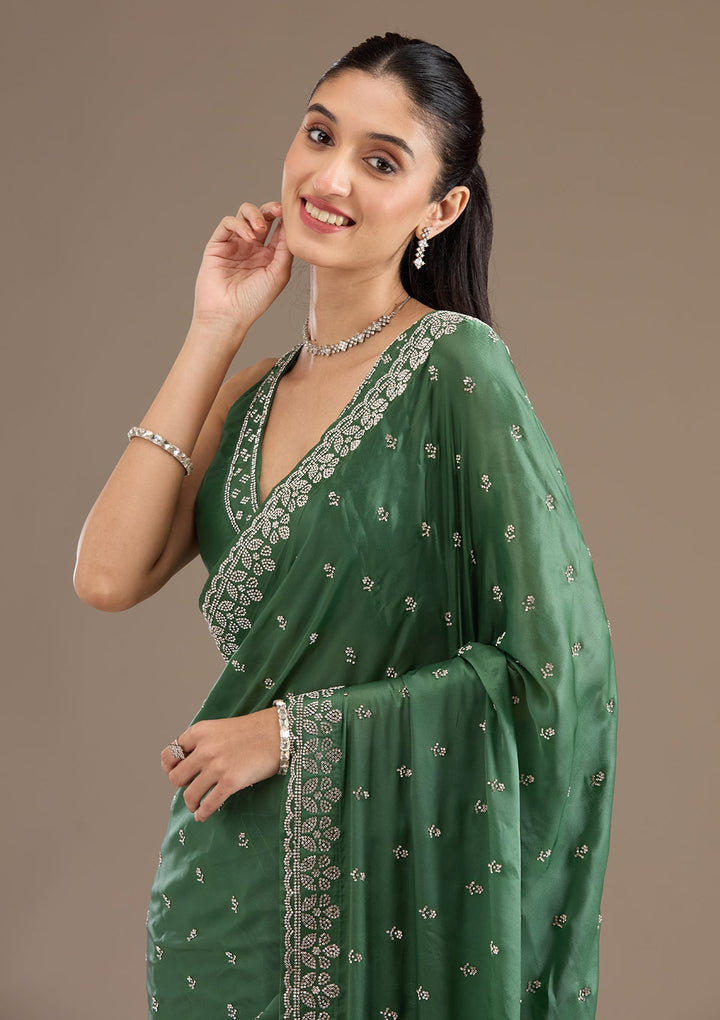 Bottle Green Stonework Satin Saree-Koskii