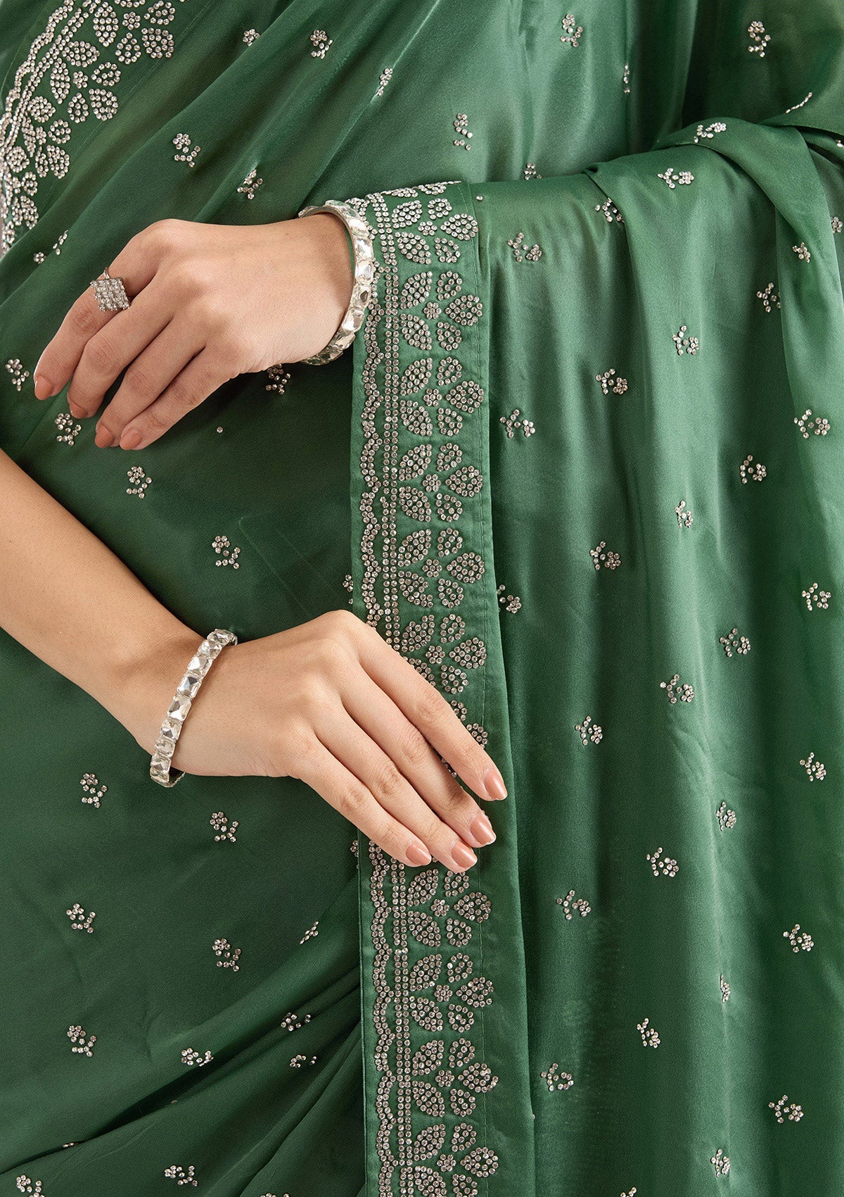 Bottle Green Stonework Satin Saree-Koskii