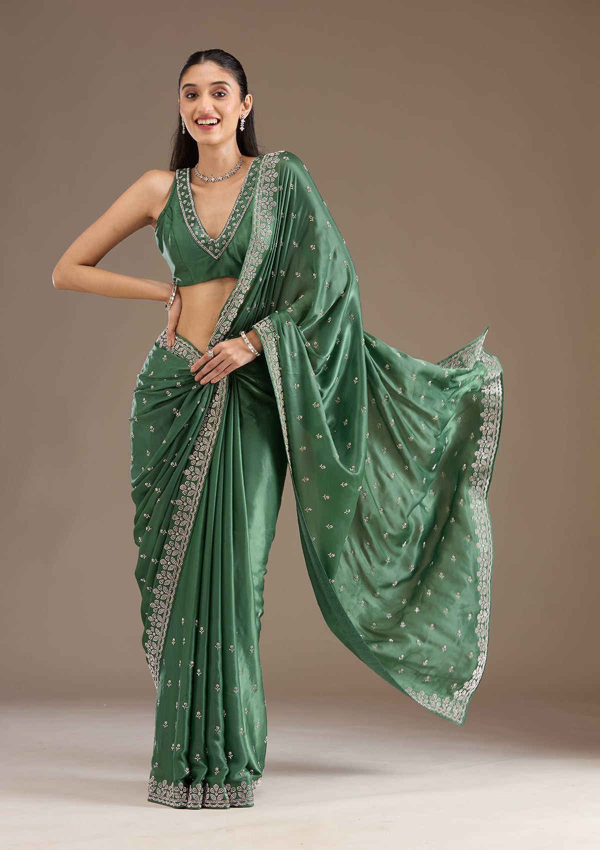 Bottle Green Stonework Satin Saree-Koskii