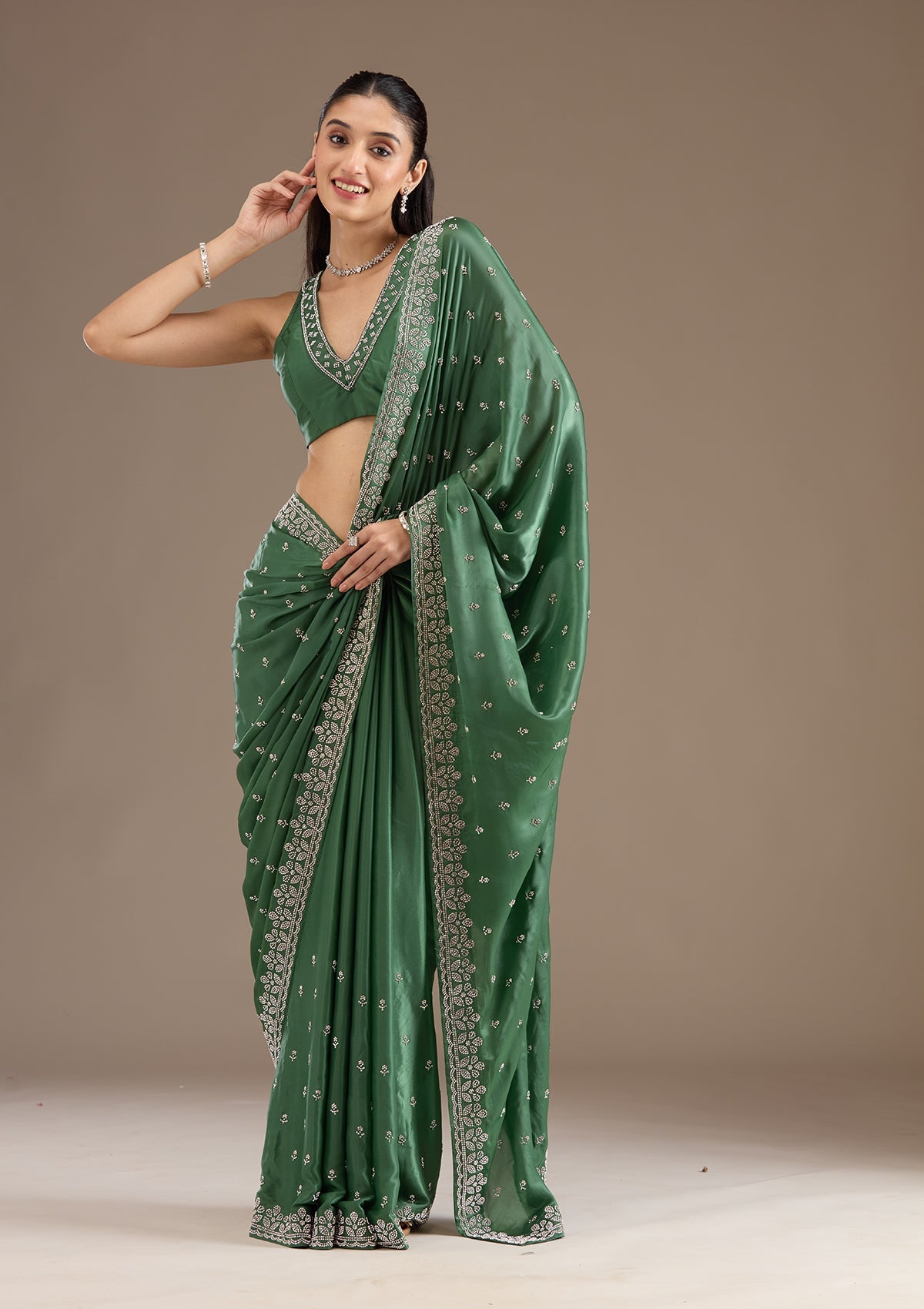 Bottle Green Stonework Satin Saree-Koskii