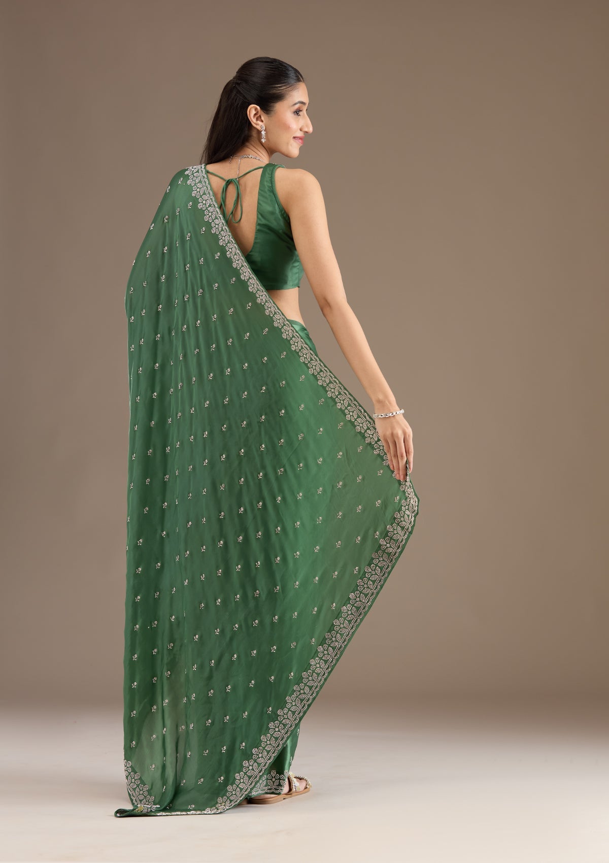 Bottle Green Stonework Satin Saree-Koskii