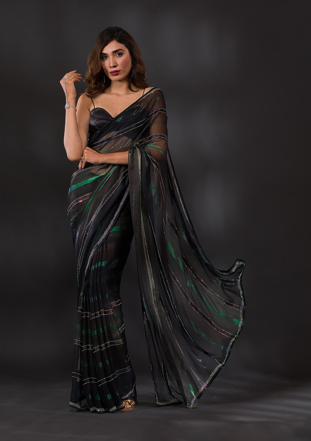 Bottle Green Swarovski Satin Designer Saree-Koskii