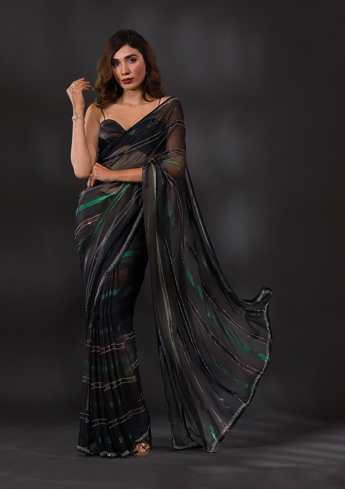 Bottle Green Swarovski Satin Designer Saree-Koskii