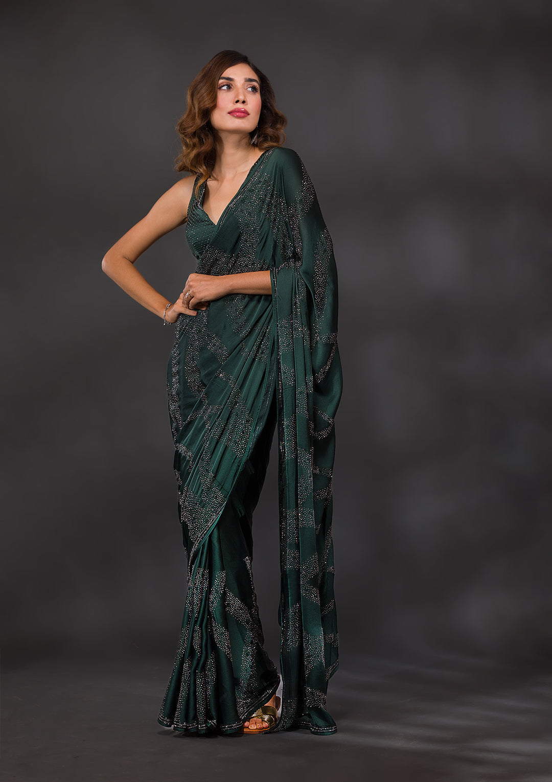 Bottle Green Swarovski Semi Crepe Saree-Koskii