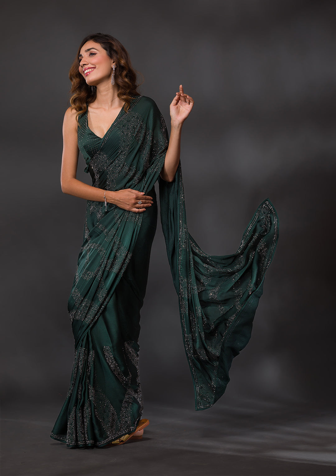 Bottle Green Swarovski Semi Crepe Saree-Koskii