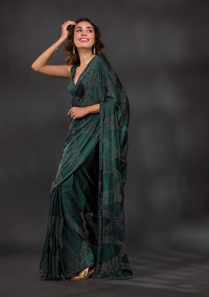 Bottle Green Swarovski Semi Crepe Saree-Koskii