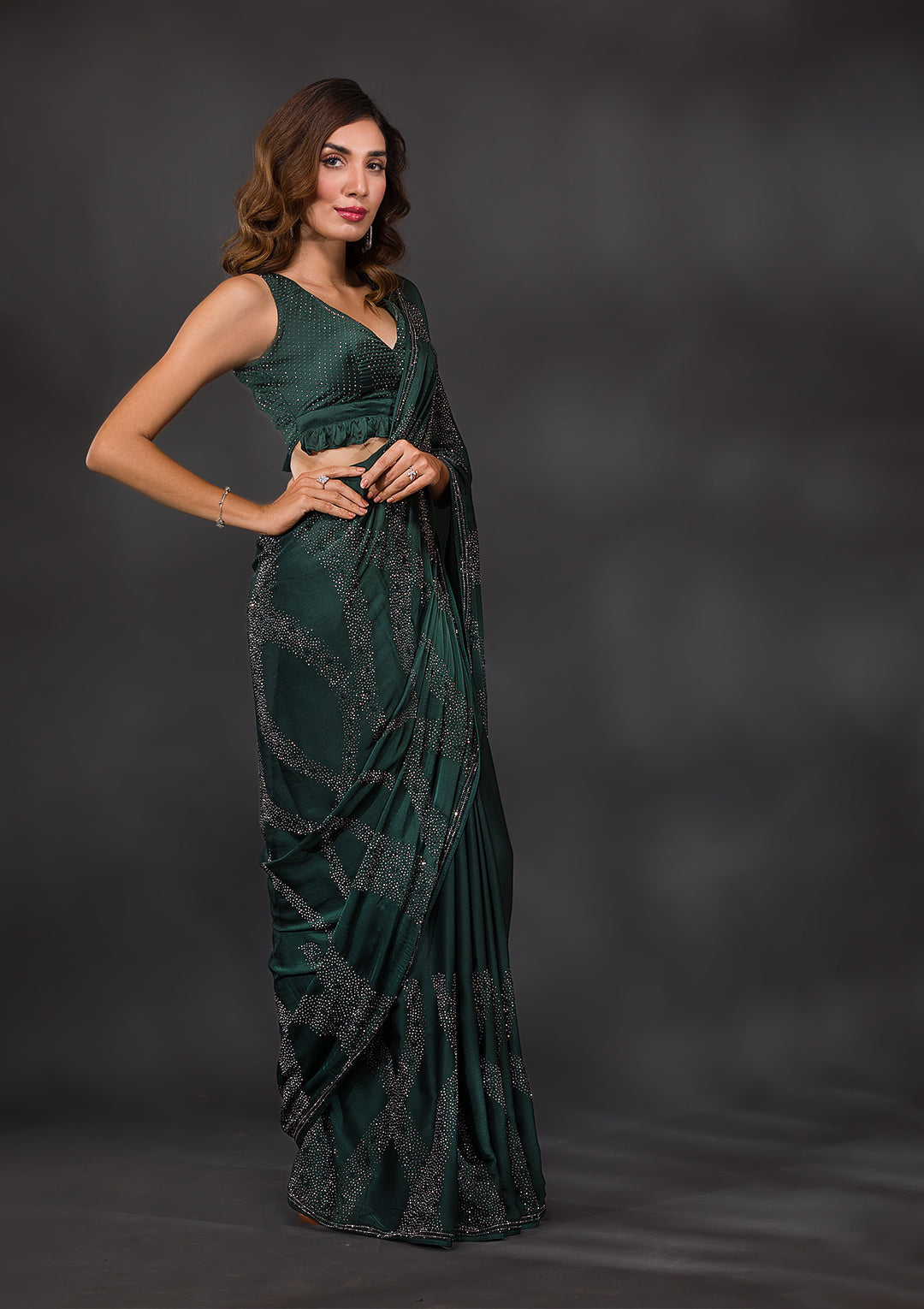 Bottle Green Swarovski Semi Crepe Saree-Koskii