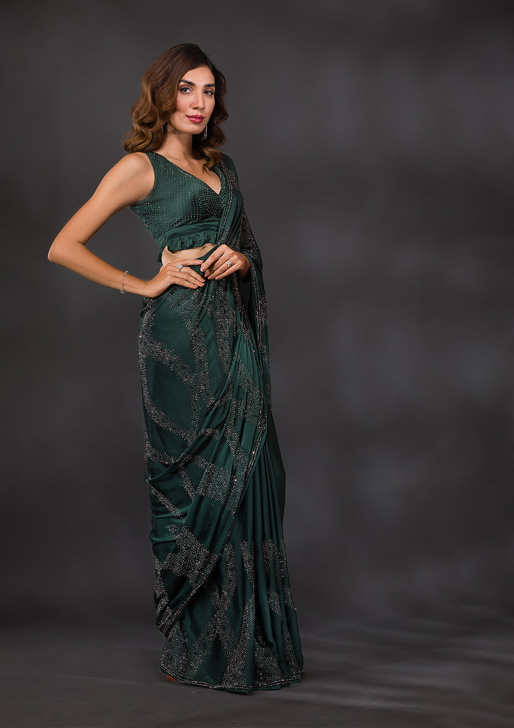 Bottle Green Swarovski Semi Crepe Saree-Koskii