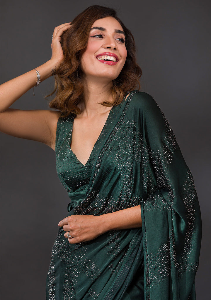 Bottle Green Swarovski Semi Crepe Saree-Koskii