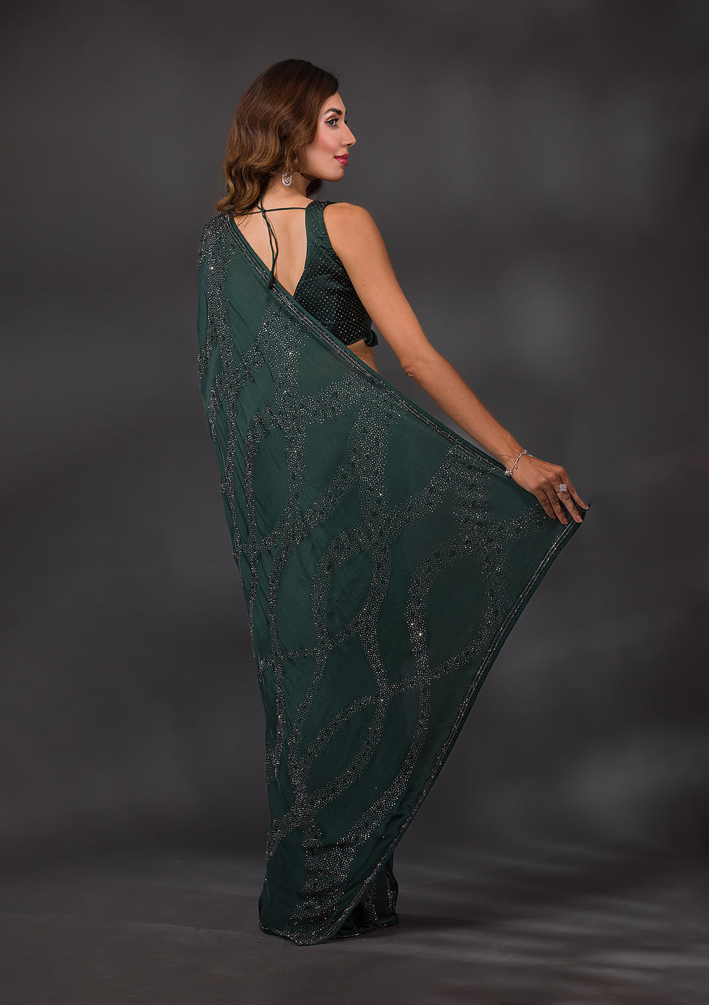 Bottle Green Swarovski Semi Crepe Saree-Koskii