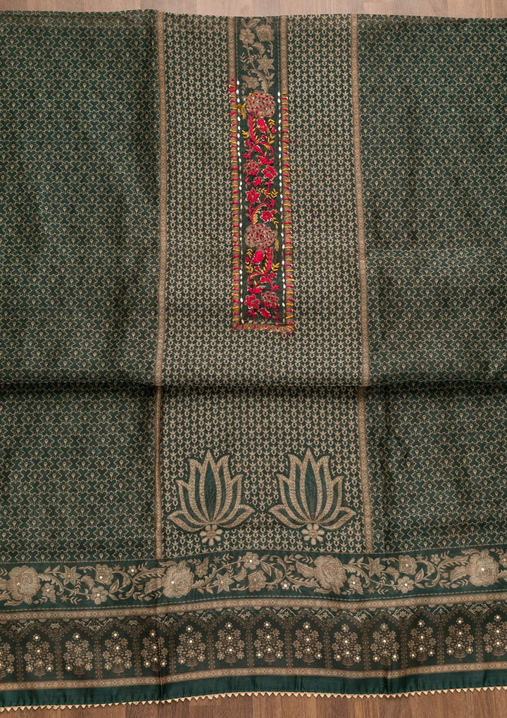 Bottle Green Threadwork Chanderi Unstitched Salwar Suit-Koskii