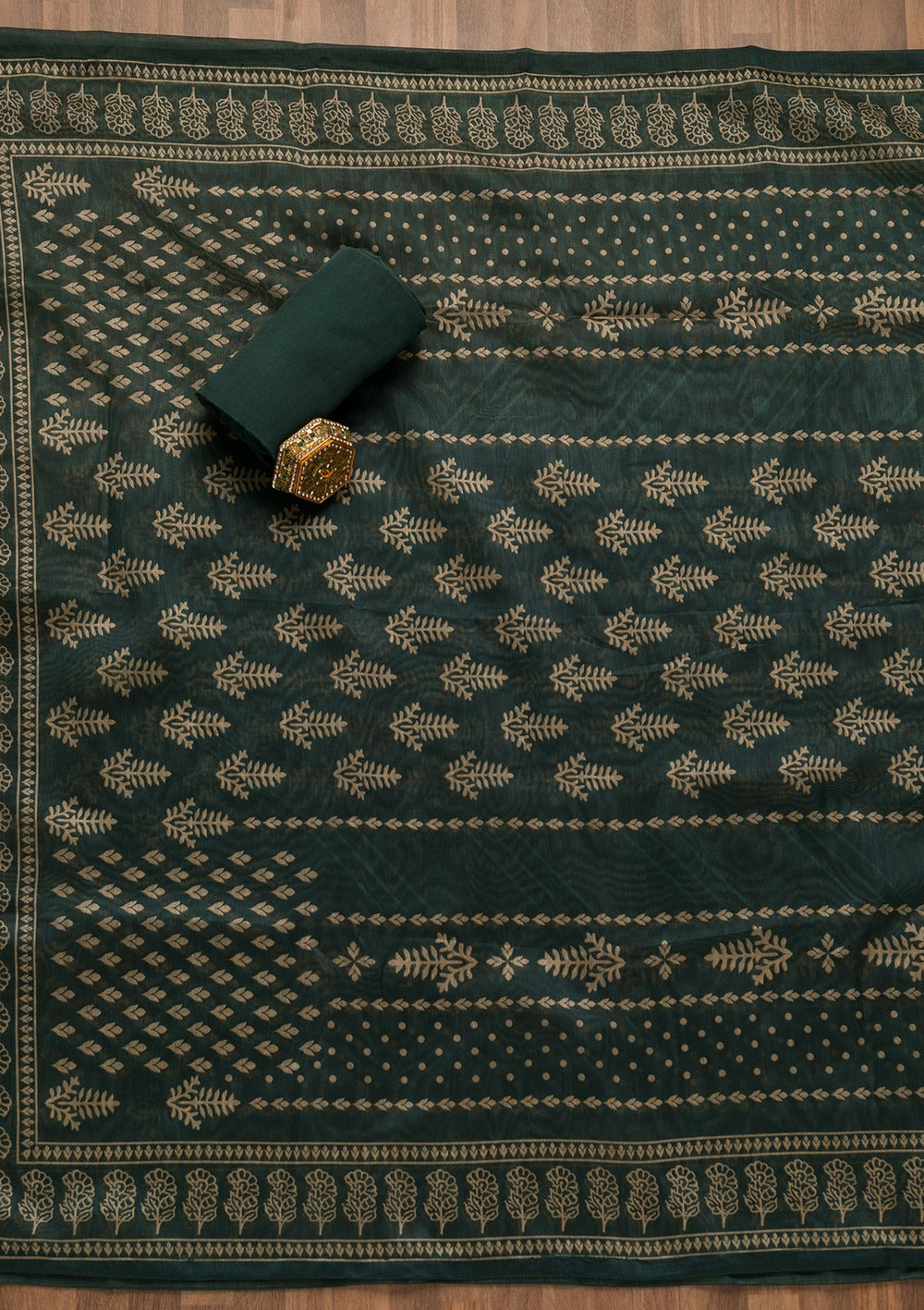 Bottle Green Threadwork Chanderi Unstitched Salwar Suit-Koskii