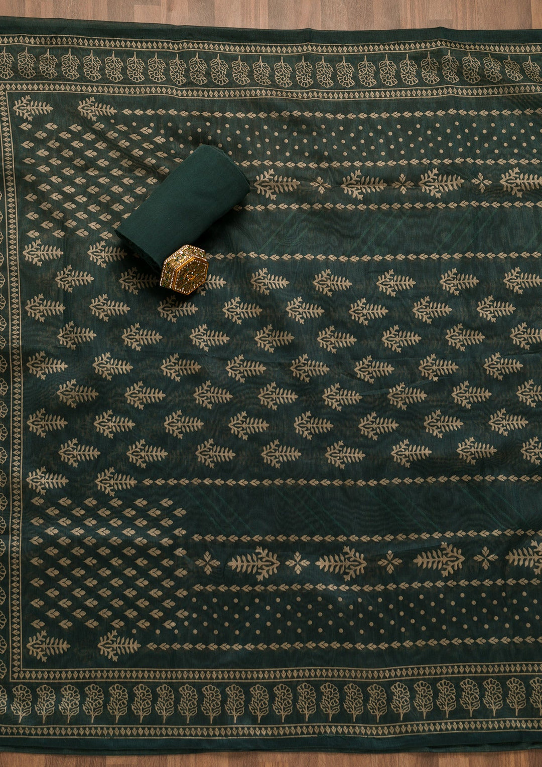 Bottle Green Threadwork Chanderi Unstitched Salwar Suit-Koskii