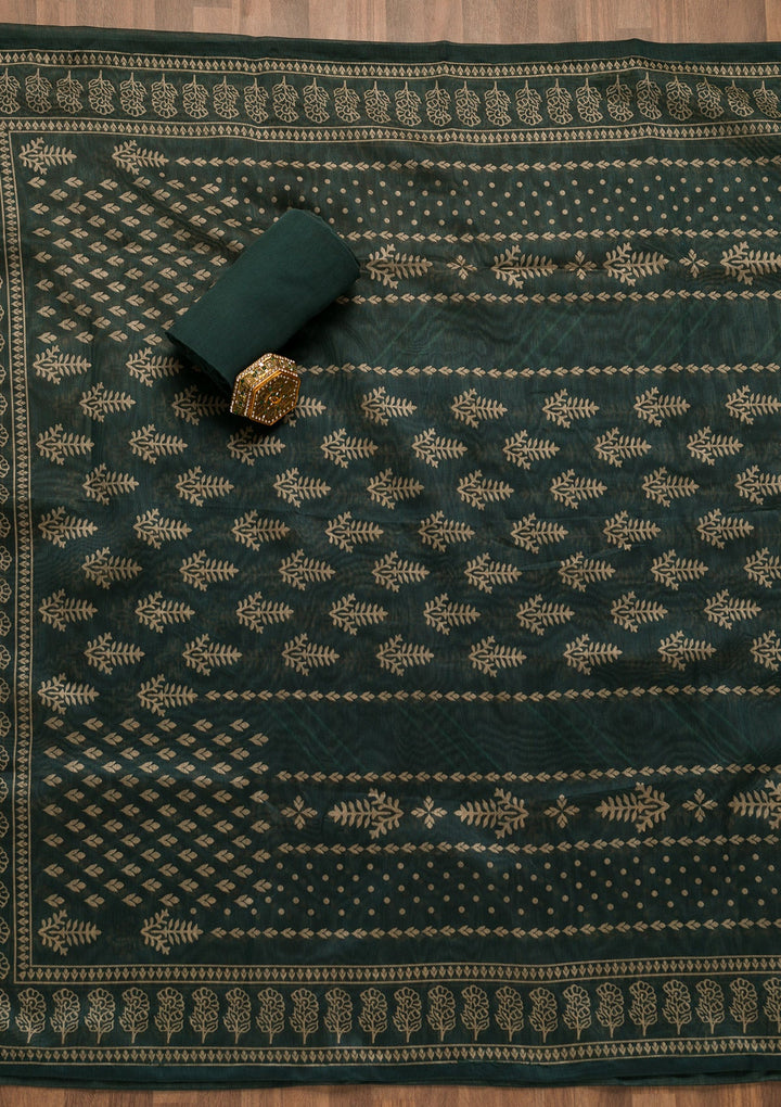Bottle Green Threadwork Chanderi Unstitched Salwar Suit-Koskii