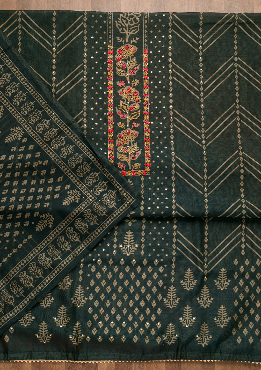 Bottle Green Threadwork Chanderi Unstitched Salwar Suit-Koskii