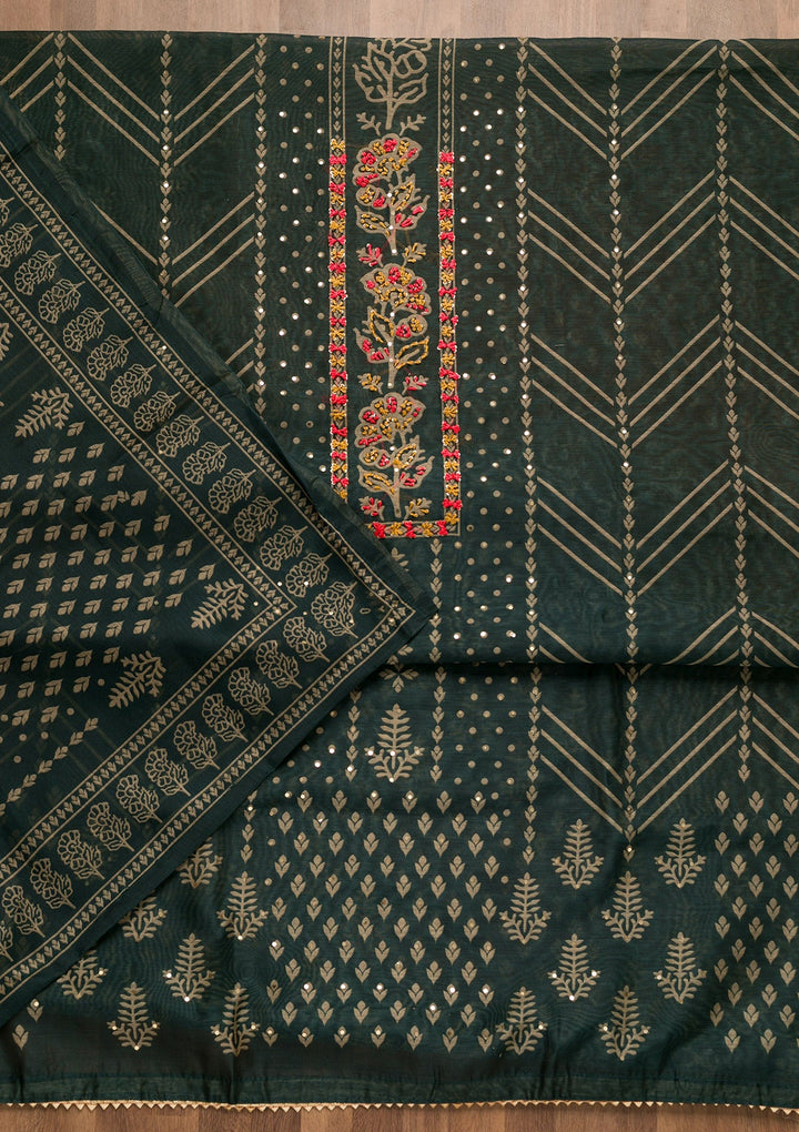 Bottle Green Threadwork Chanderi Unstitched Salwar Suit-Koskii