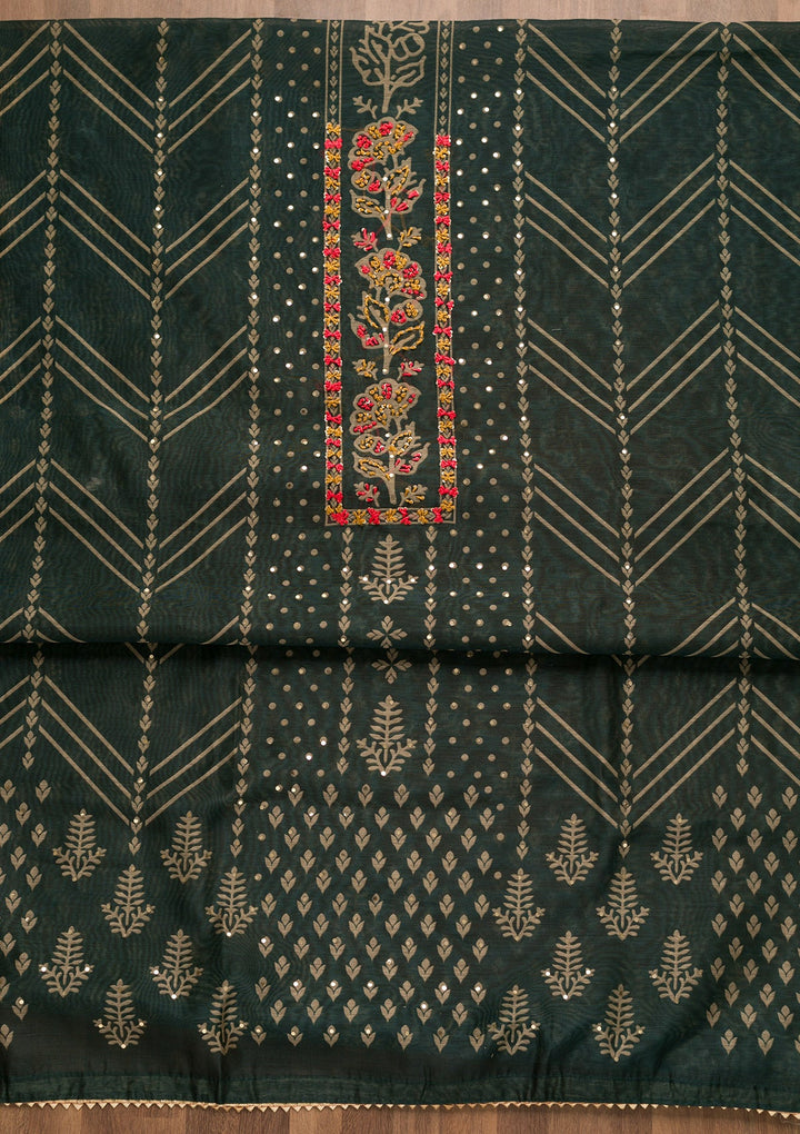 Bottle Green Threadwork Chanderi Unstitched Salwar Suit-Koskii