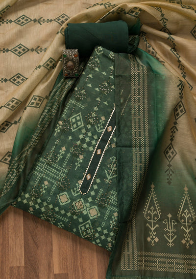 Bottle Green Threadwork Chanderi Unstitched Salwar Suit-Koskii