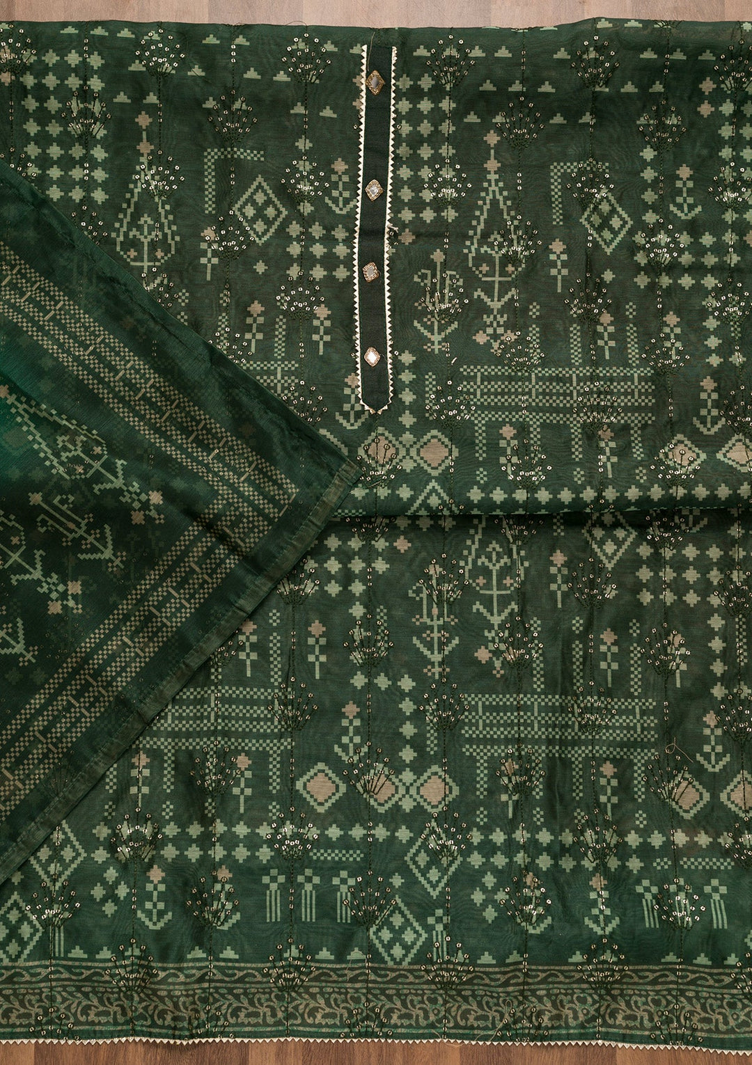 Bottle Green Threadwork Chanderi Unstitched Salwar Suit-Koskii