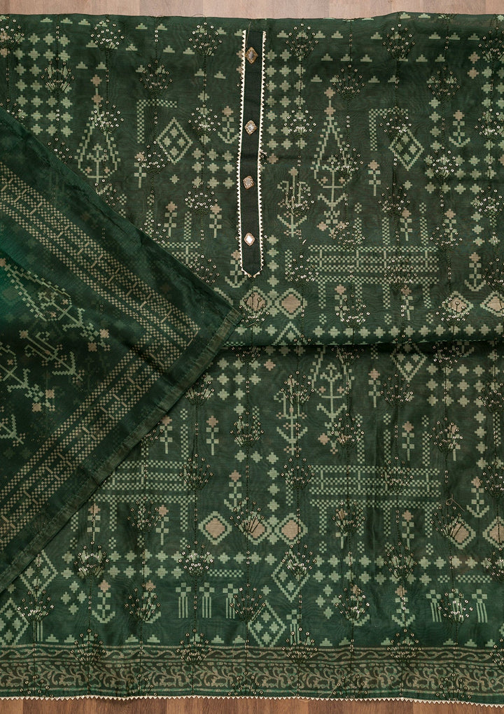 Bottle Green Threadwork Chanderi Unstitched Salwar Suit-Koskii