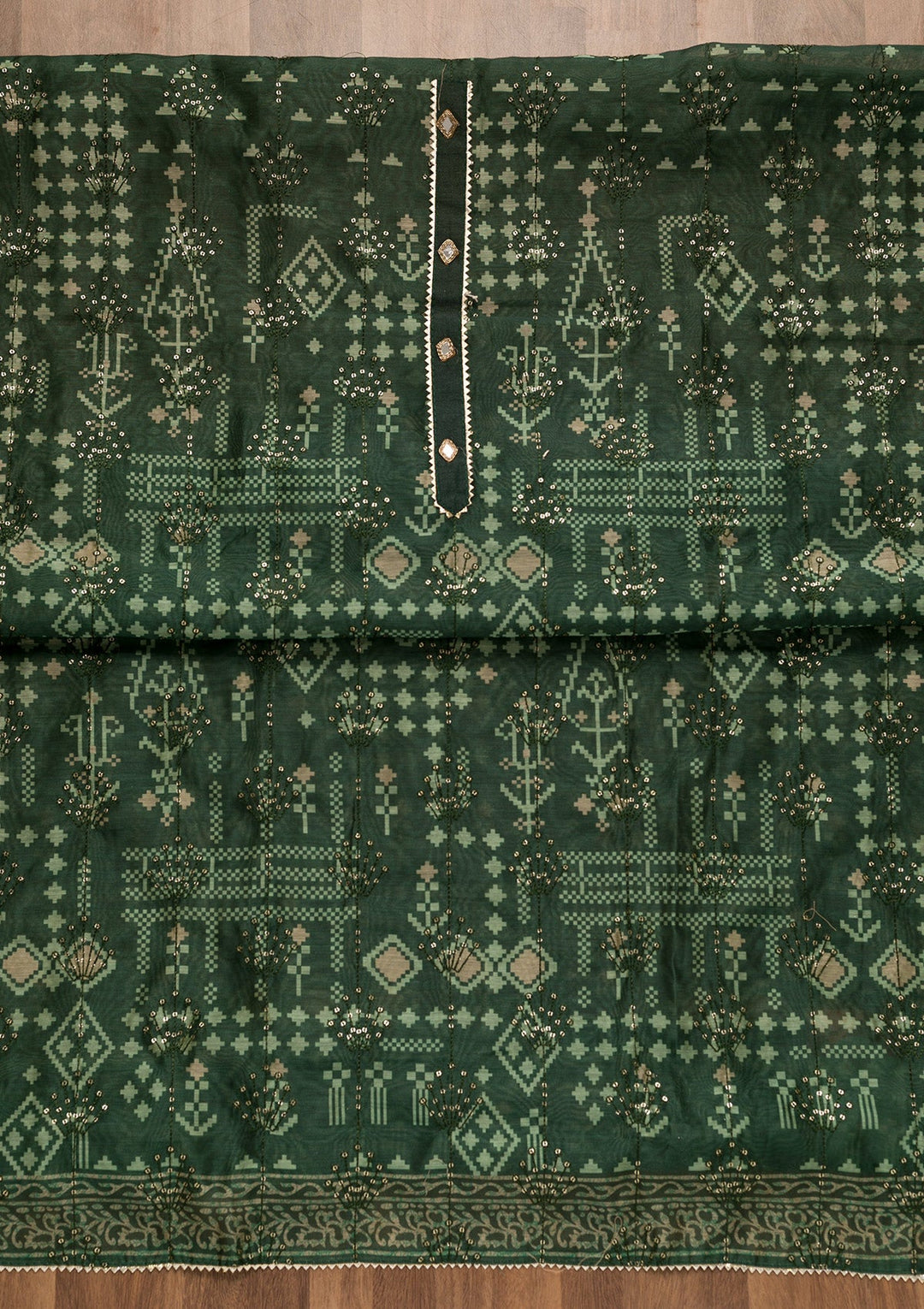 Bottle Green Threadwork Chanderi Unstitched Salwar Suit-Koskii