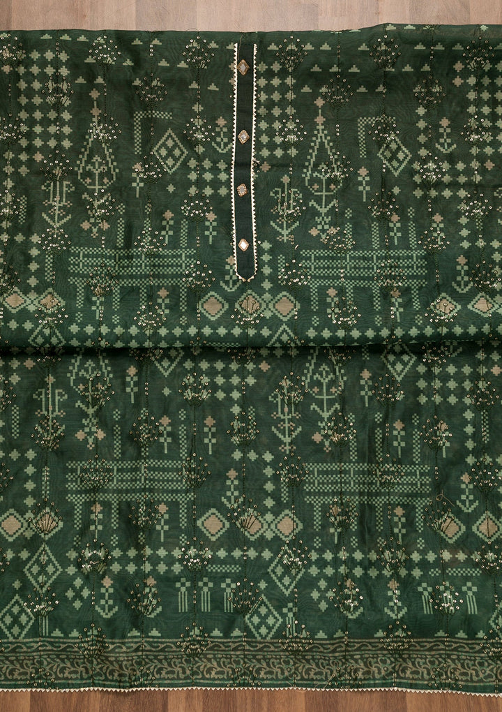 Bottle Green Threadwork Chanderi Unstitched Salwar Suit-Koskii